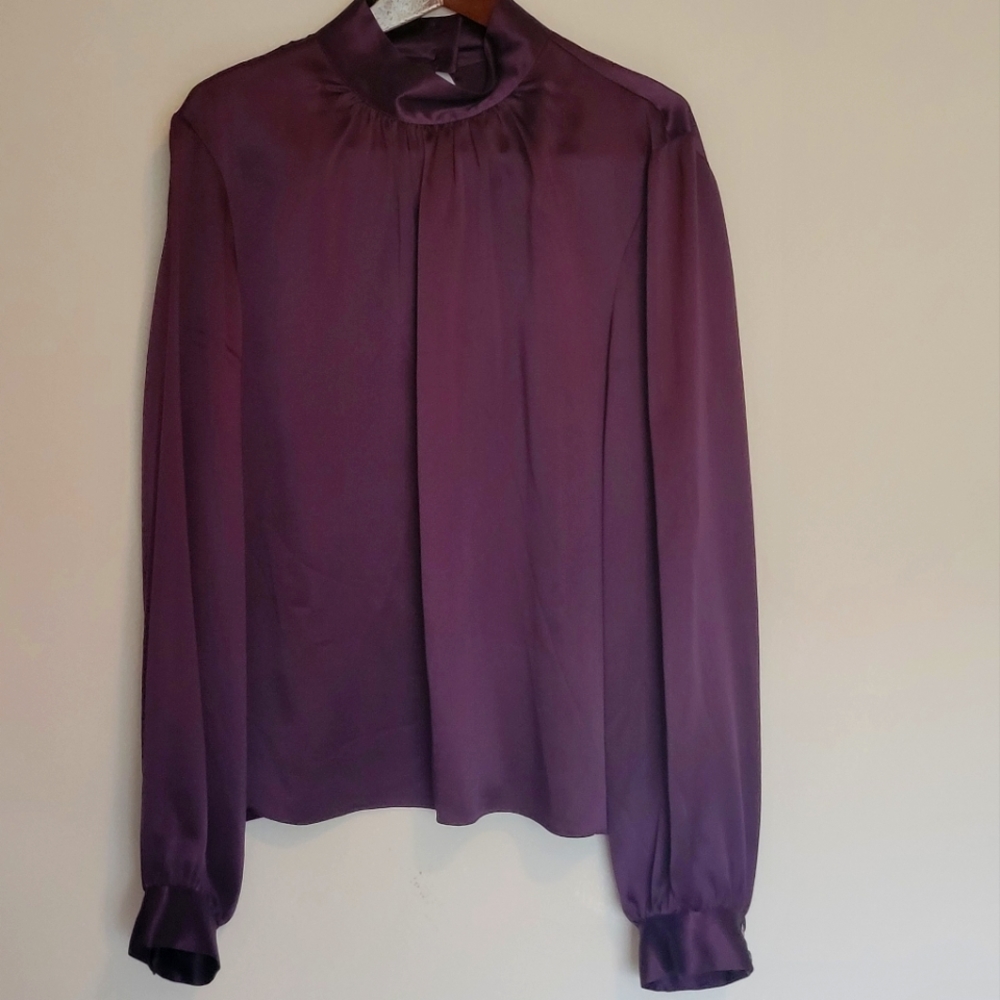 Vintage Mint Barrie Pace 80s 90s Silk Purple Mock Neck and Bishop Sleeve Large